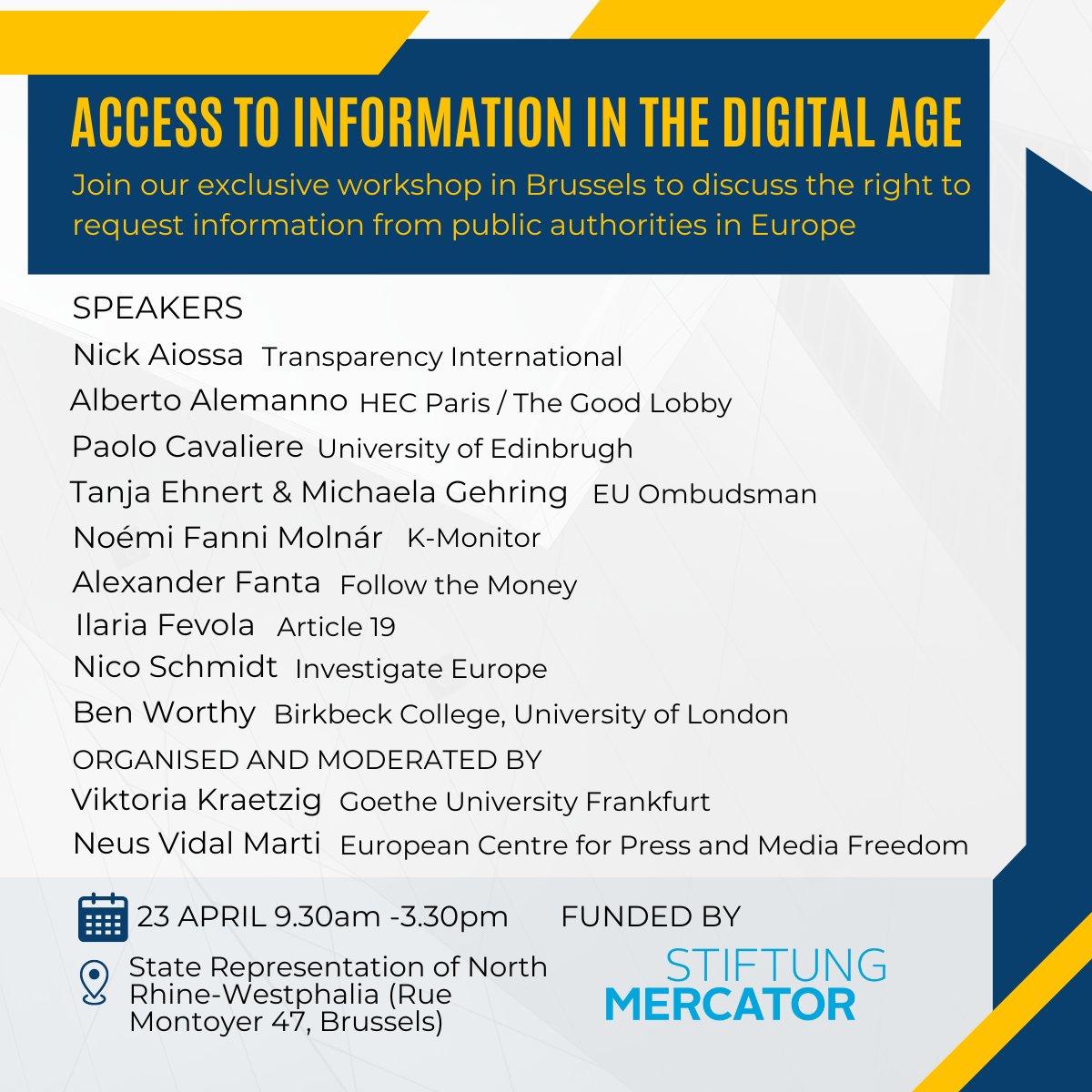 Looking forward to joining a tremendous line up of speakers in Brussels on 23 April to speak about the much needed advancement of the right to information in Europe. Thanks @neusvidal @ECPMF  for the invitation!