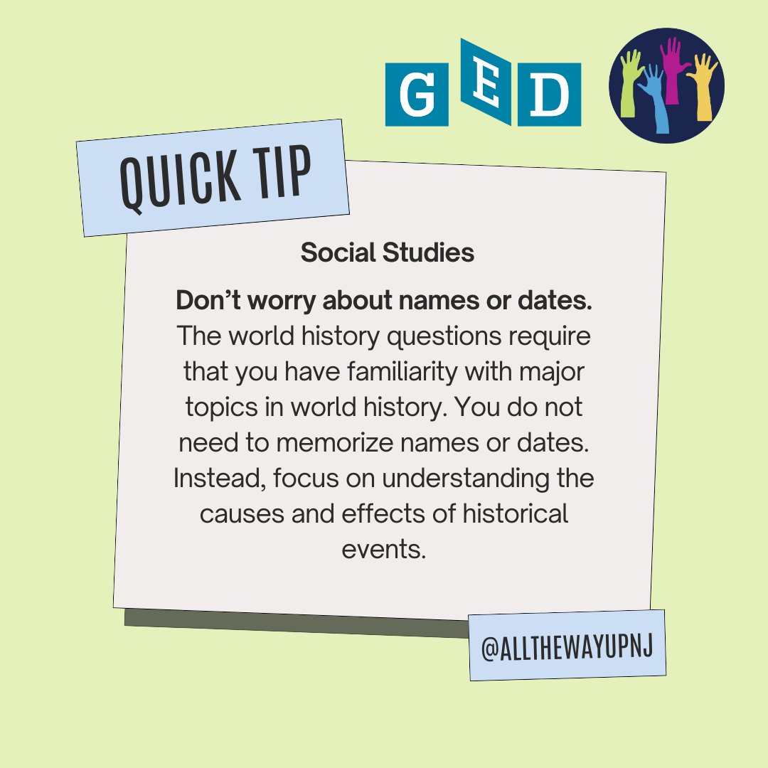allthewayupnj1's tweet image. 👉🏽TIP for the Social Studies GED subject.
-
-
#gedtest #passthetest #studenttip