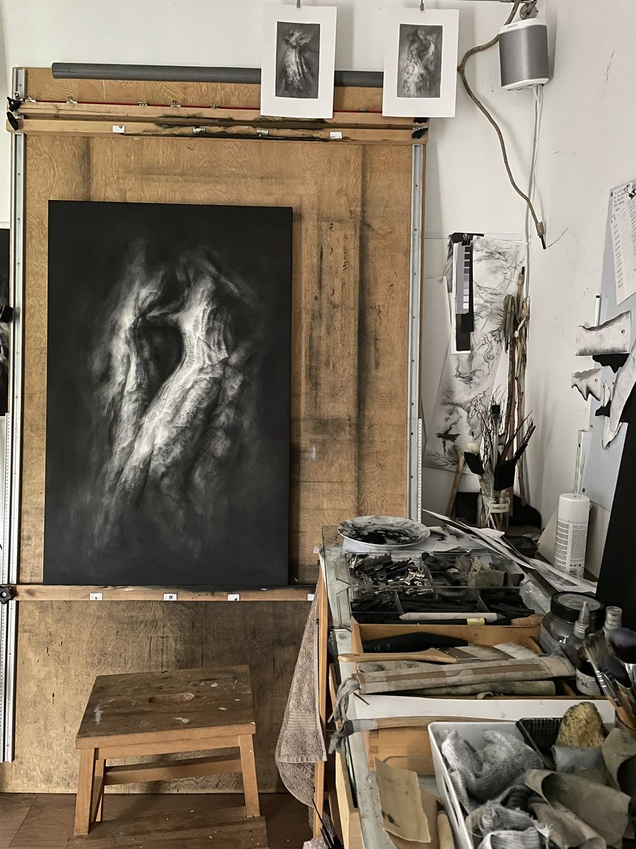 Here’s a view of the drawing board today. I’ve got three of these charcoal works in progress and they are evolving slowly together, with short bursts of activity and long spells of looking as I try to work out what’s next. Maybe more looking?
