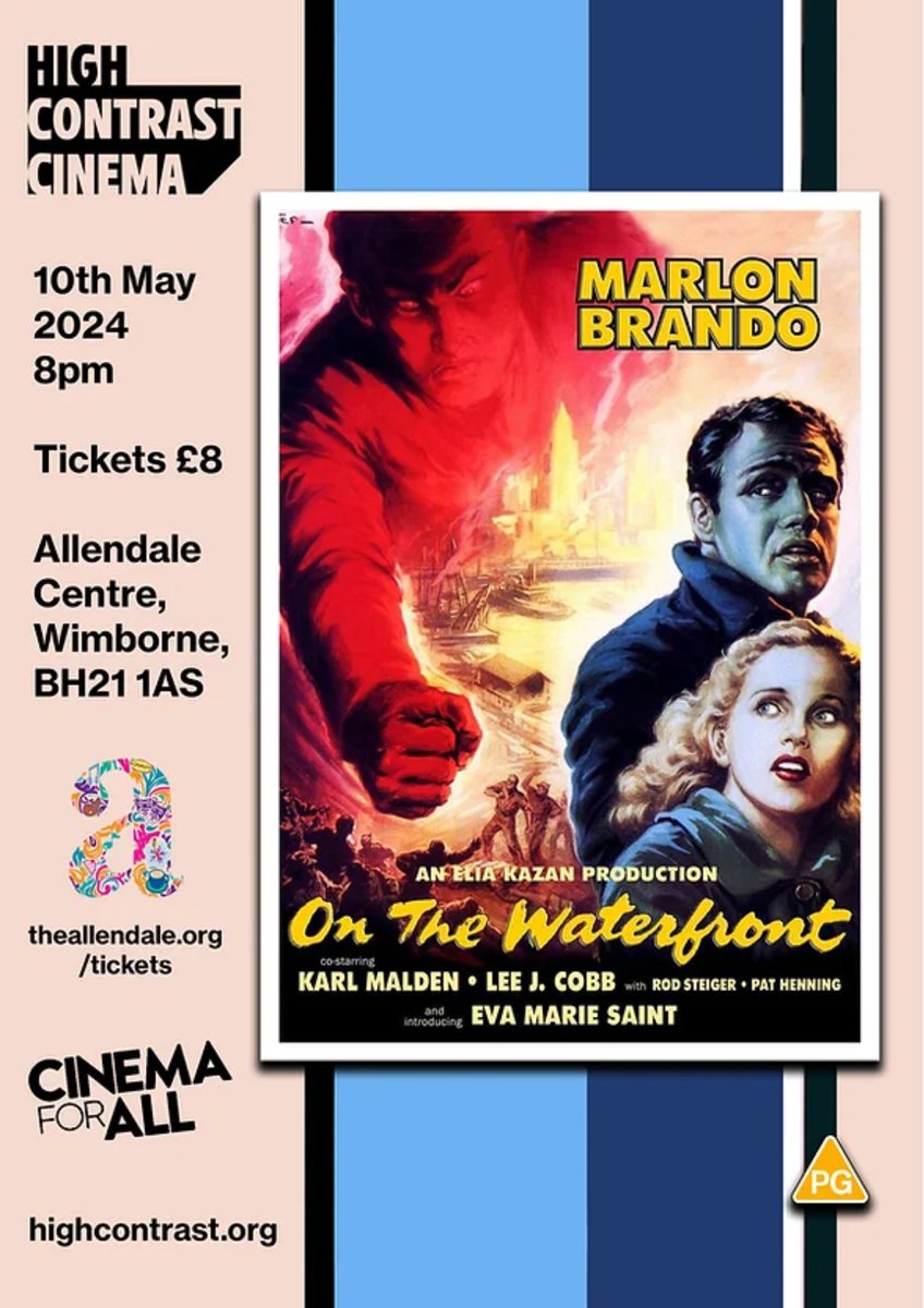 High Contrast Cinema Presents: On The Waterfront Friday 10th May, 8pm theallendale.org/tickets High Contrast Cinema ventures into Oscar territory with the multi-award-winning On the Waterfront, starring Marlon Brando. #cinema #movies #wimborne #vintage