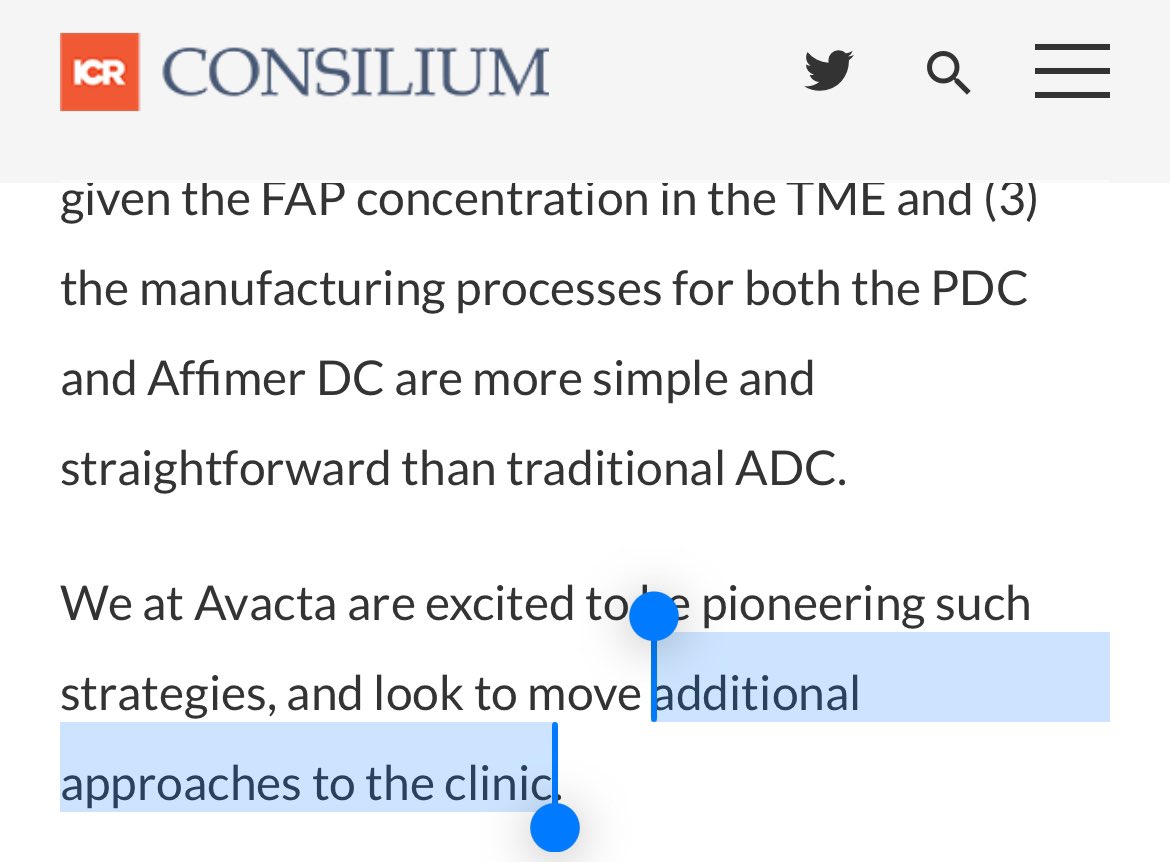 #AVCT @coughlin582 is very good. @avacta is maturing overnight with her delivering quality, directed messaging on the *platform*. It’s night and day. 🎯 Additional approaches: Platform. 🎯 Antibody: Biologic agnostic. 🎯 Approaches in clinic: Partnerships. @ICRConsilium