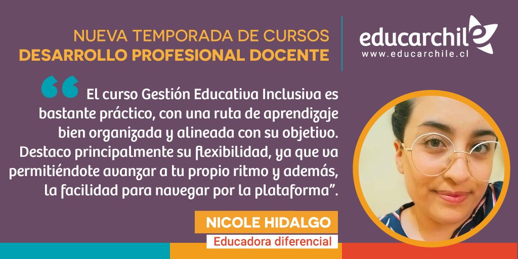 Portal Educarchile (@educarchile) on Twitter photo Nicole Hidalgo es ed. diferencial y considera que educar sobre la #LeydeAutismo es crucial para asegurar el derecho a la educación.
Te invita a realizar nuestro curso “Gestión Educativa para la Inclusión” desarrollado junto a <a href="/mineduc/">Ministerio de Educación</a> y <a href="/Mis_Talentos/">Fundación Mis Talentos</a>. ➡️ bit.ly/3xluJRu Nicole Hidalgo es ed. diferencial y considera que educar sobre la #LeydeAutismo es crucial para asegurar el derecho a la educación.
Te invita a realizar nuestro curso “Gestión Educativa para la Inclusión” desarrollado junto a <a href="/mineduc/">Ministerio de Educación</a> y <a href="/Mis_Talentos/">Fundación Mis Talentos</a>. ➡️ bit.ly/3xluJRu