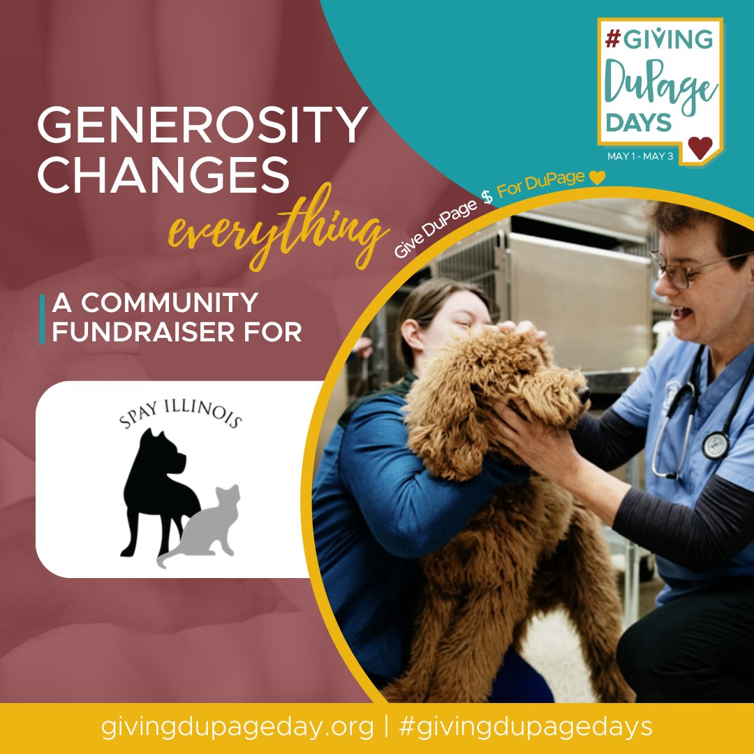 Big welcome to Spay Illinois Pet Well Clinics to #GivingDuPageDays, May 1-3! Spay Illinois is celebrating 15 years of working to end pet homelessness by empowering owners and shelters while providing wellness services for 100,000+ cats and dogs a year. bit.ly/3xvOWnz