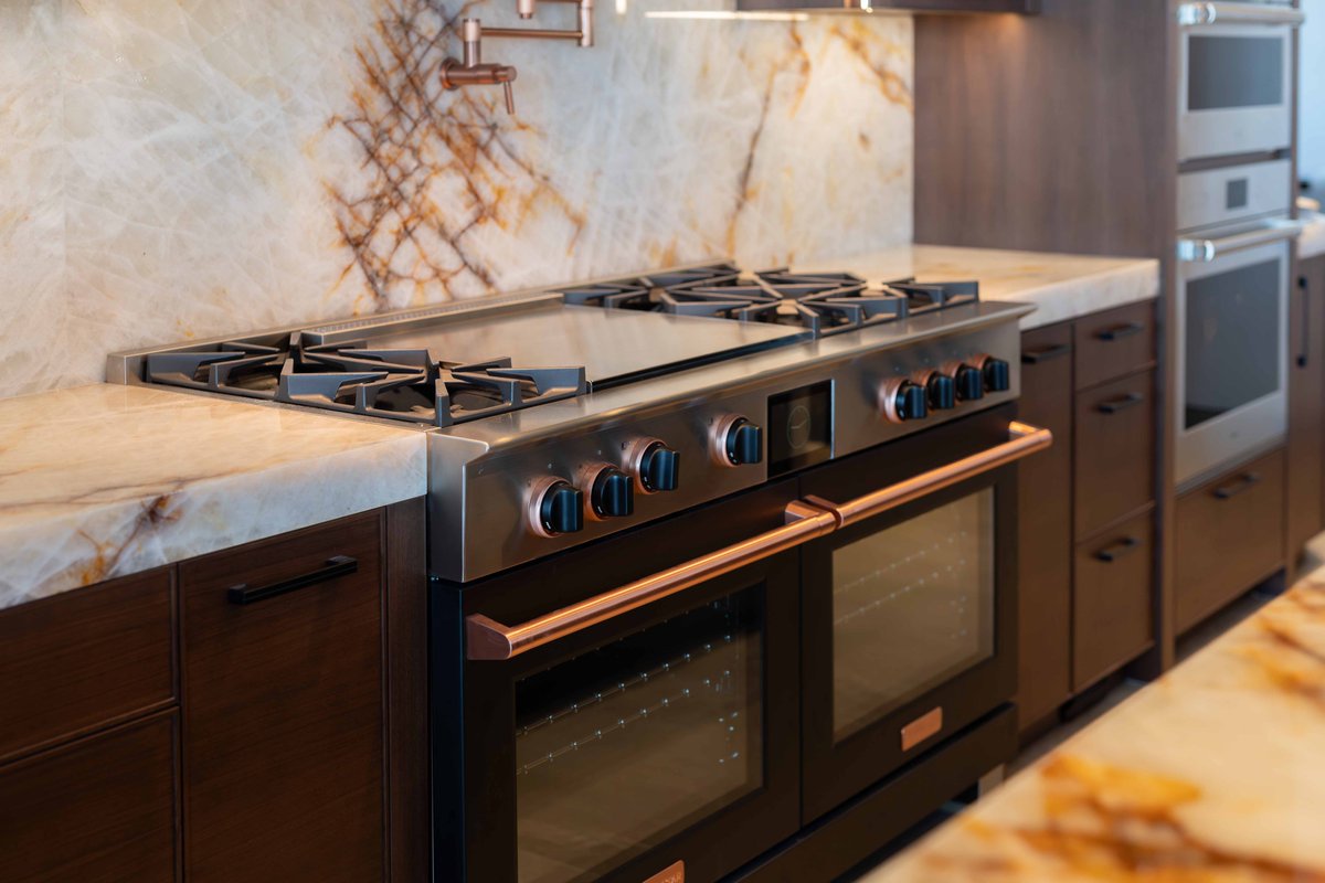 Introducing BlueStar's 60” Dual Fuel Ranges, selected Best New Kitchen Appliance at the 2023 IBS Show, offering the new X-8™ burners and precise electric oven. See them all at bluestarcooking.com/dual-fuel/ Photo: Appliance By Design – Las Vegas, NV