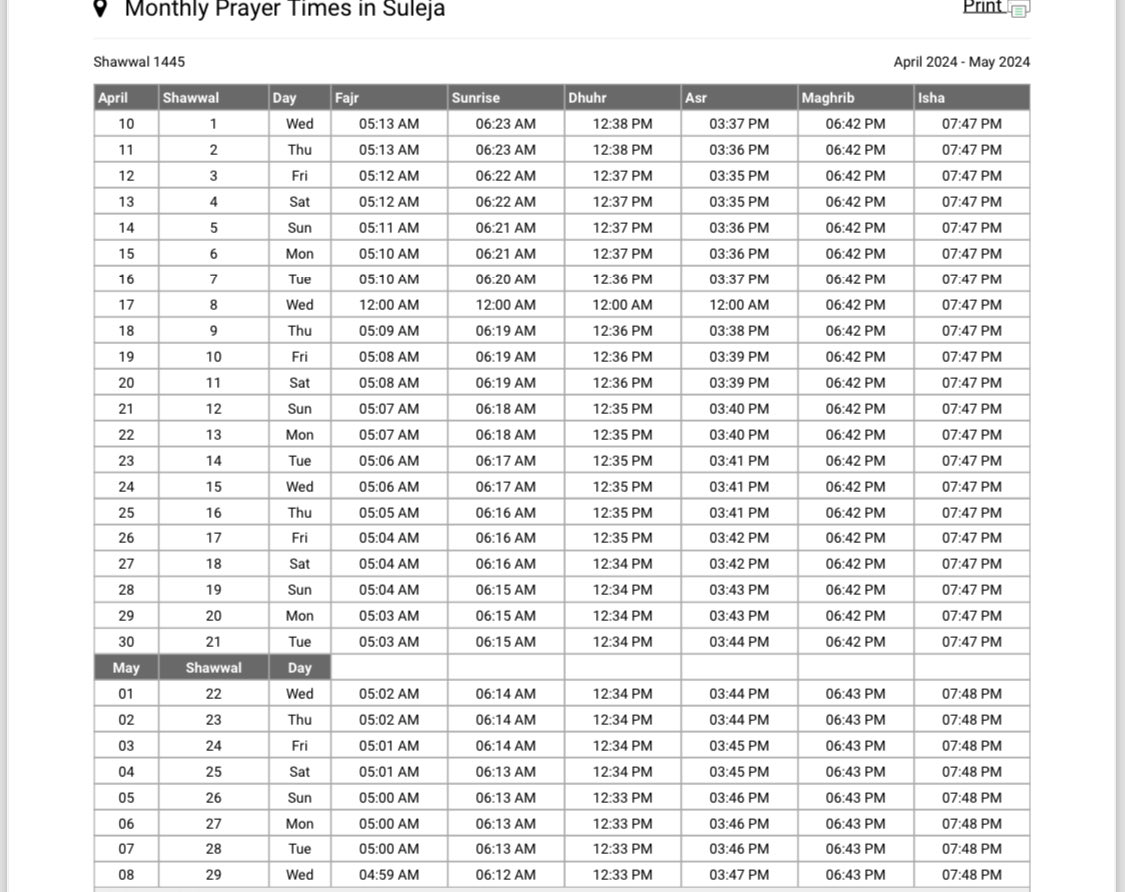 SULEJA Shawwal prayer timetable.