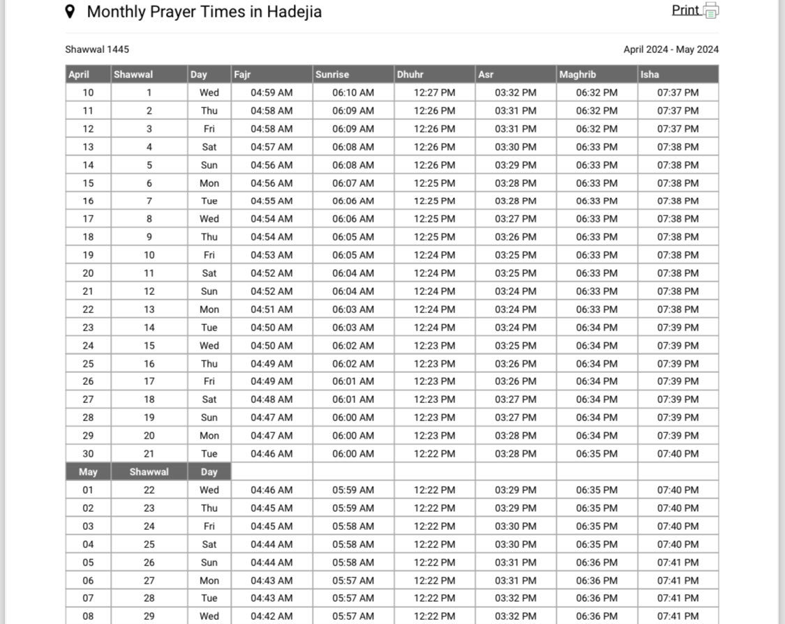 HADEJIA Shawwal prayer timetable.