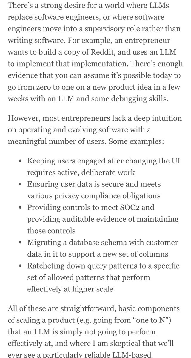 LLMs replacing engineers? For some aspects of prototyping, but no clear path to operating an app with LLMs