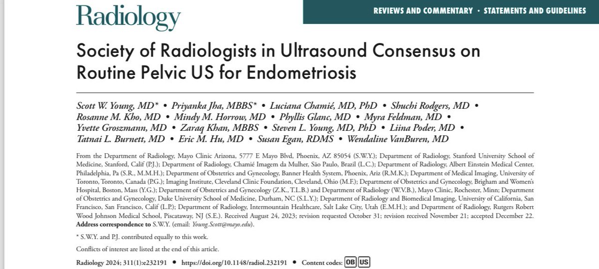 Officially published! SRU Consensus on Routine Pelvic Ultrasound for Endometriosis. A hard work of an excellent team in favor of early diagnosis of endo!@wendalinevb @myrafeldman @lpoder @phyllisglanc @shuchi_rodgers @AAGLJMIG @PriyankaJhaMD @ASRM_org @KhoRosanne @sru_radiology