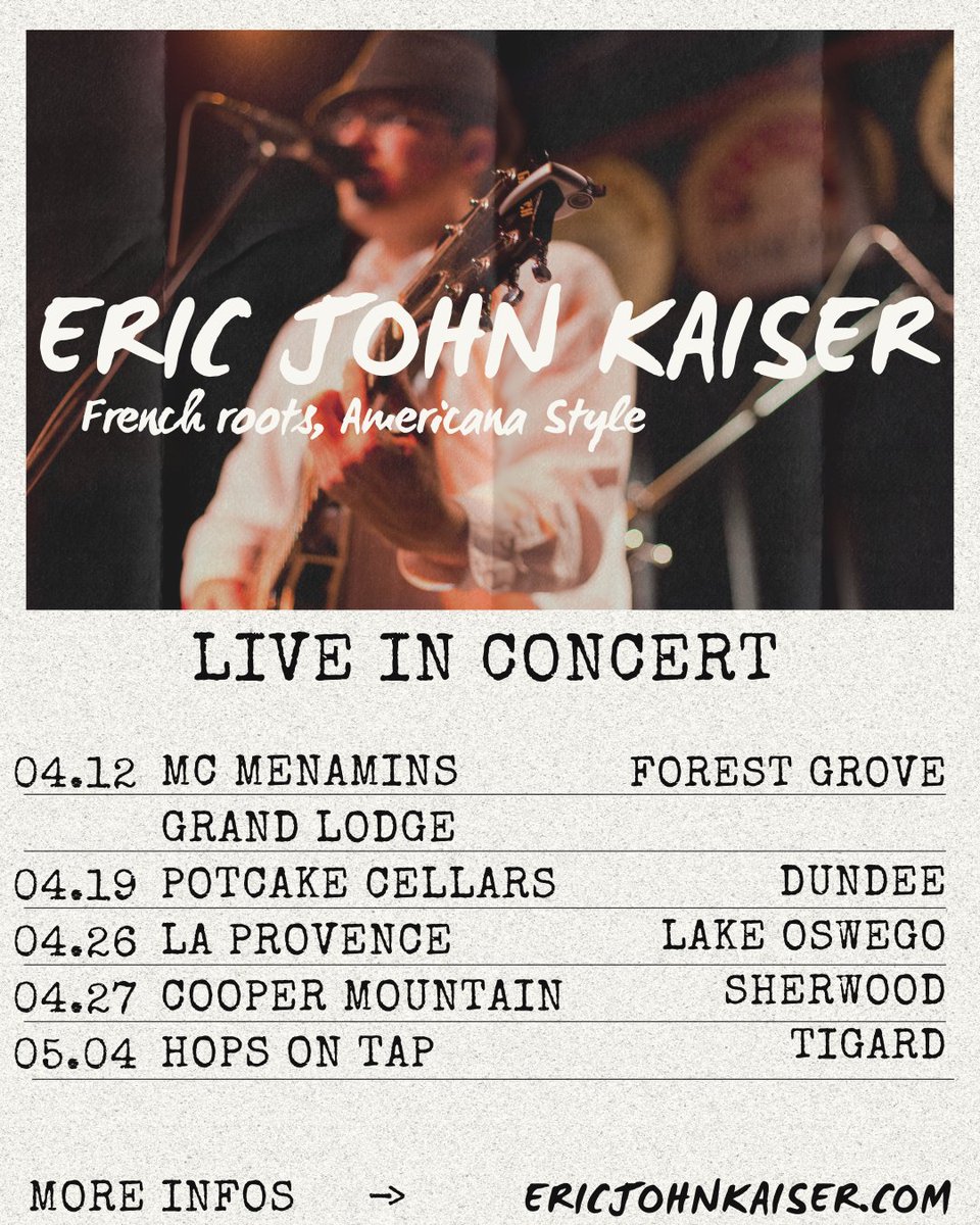 Some fun concerts coming your way this month. Hope to see you there. More infos: ericjohnkaiser.com 

Des concerts en prévision ce mois-ci. Plus d'infos sur ericjohnkaiser.com

#livemusic #frenchmusic #Oregon #portland #lakeoswego #tigard #beaverton  #sherwood #dundee
