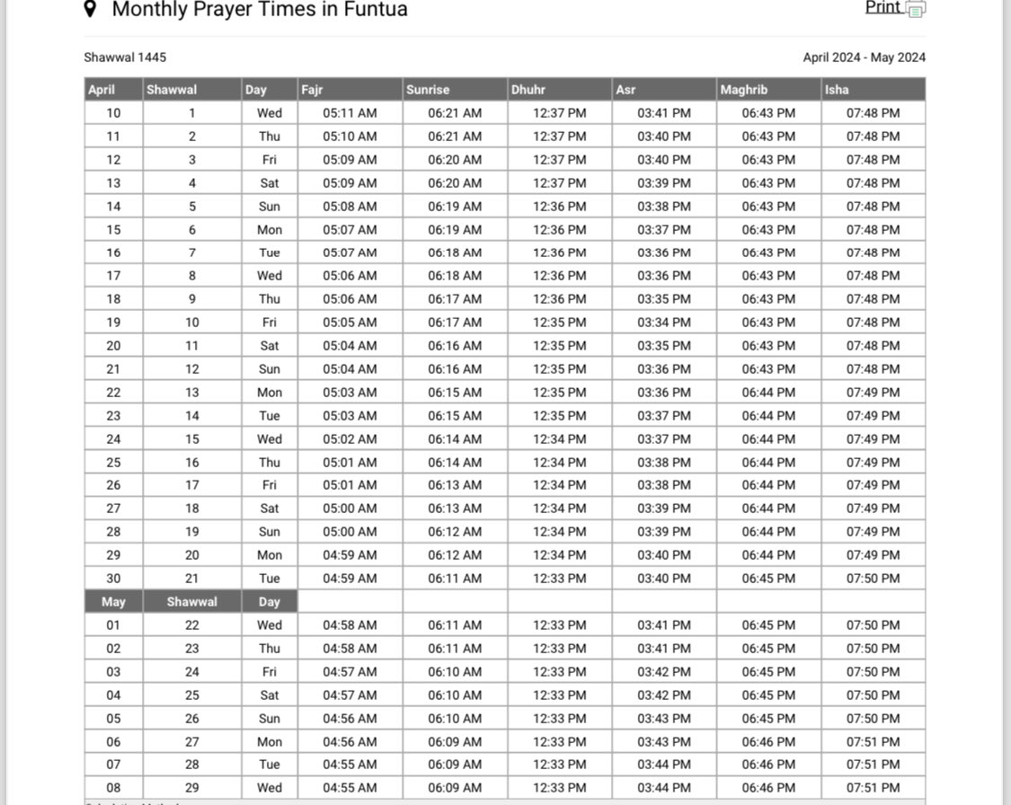 FUNTUA Shawwal prayer timetable.