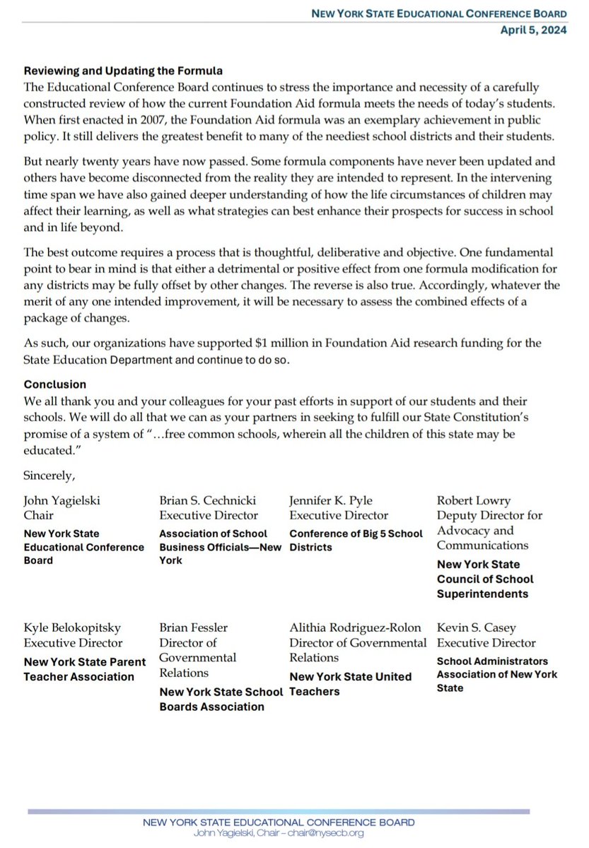 .@nyschoolboards joined our @NYSECB colleagues in sending a letter to the Governor, Speaker and Senate Majority Leader to reiterate our collective positions on Foundation Aid. The final budget must adequately and equitably support our schools and students. nyssba.org/clientuploads/…