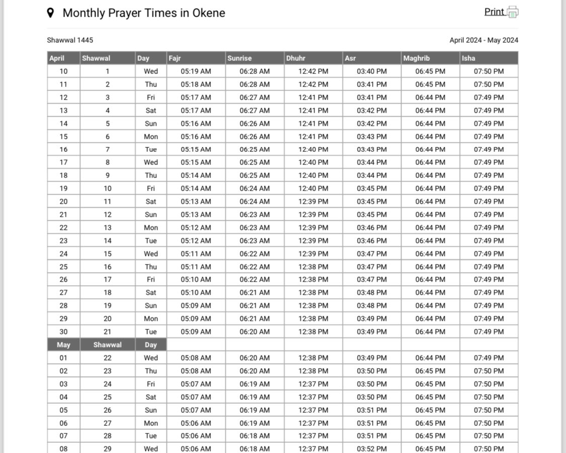 OKENE Shawwal prayer timetable.