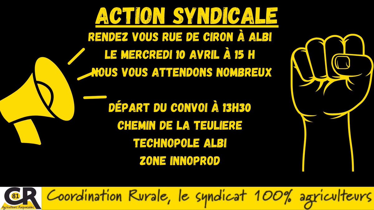 📢 APPEL A MOBILISATION 📢 par la Coordination Rurale du Tarn ➡️#Albi . L'Etat, la MSA, la DDT ne nous entendent pas. Il y a urgence❌les fermes sont au bord de l'asphyxie financière et morale #AgriculteursEnColère #agriculture #coordinationrurale #CR81 #albi #tarn #occitanie