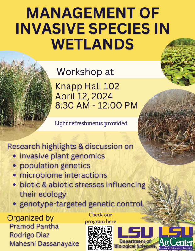 The workshop “Management of Invasive Species in Wetlands” is happening this Friday, April 12. 🕣 8:30 a.m. to 12 p.m. 📍 Knapp Hall, 102 All interested in related research fields are invited.