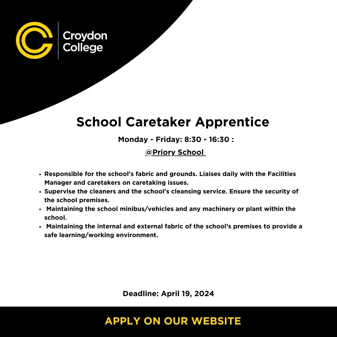 Are you searching for #apprenticeships and not finding the right fit? We can connect you with potential employers who are looking for candidates like you. Take advantage of our latest job openings 💛
#CroydonCollege #Croydon #TeachingAssistant #SchoolCareTaker #EarnandLearn
