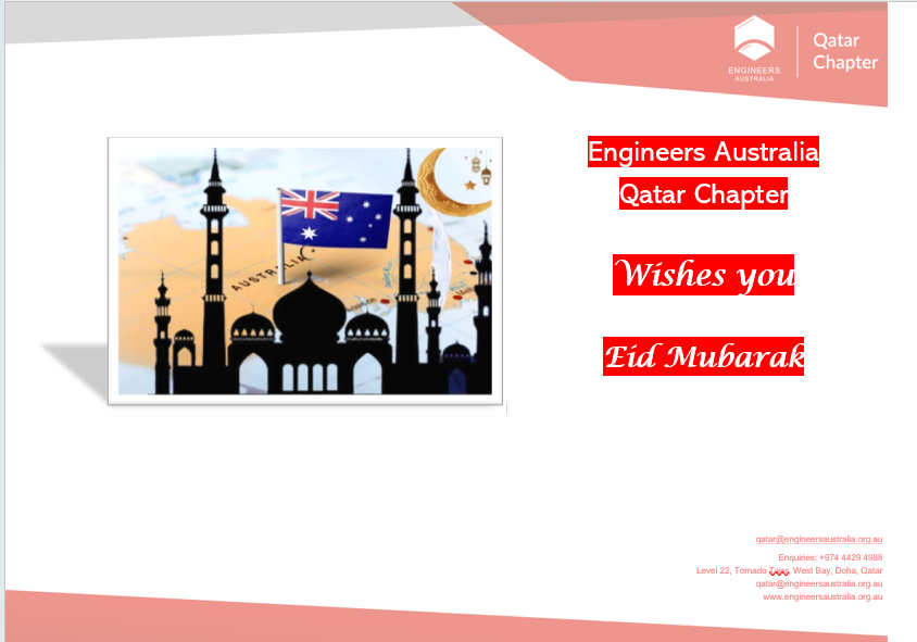 EngAusQatar's tweet photo. Eid Mubarak from Engineers Australia Qatar Chapter!

On this joyous occasion, we extend warm greetings and heartfelt wishes for happiness, peace, and prosperity to you and your loved ones.

#Engineersaustralia #Ramadan2024 https://t.co/xxc8XCheYu