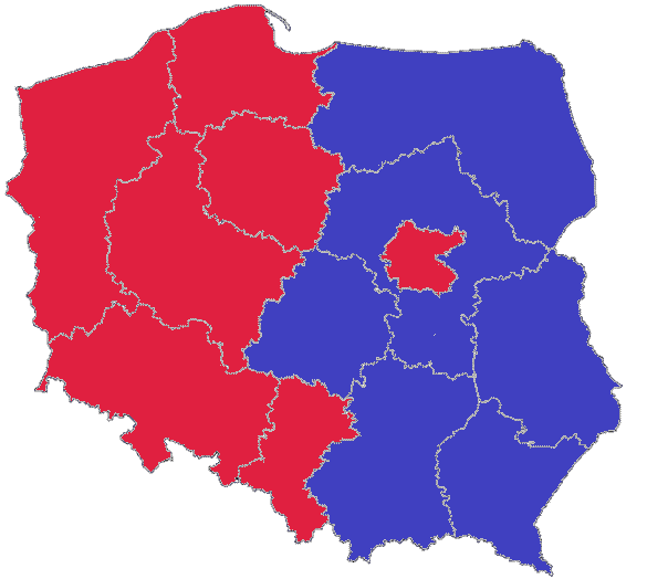 Zwycięzcy wyborów do sejmików w granicach okręgów do PE (kolor czerwono @K_Obywatelska, kolor niebieski @pisorgpl)