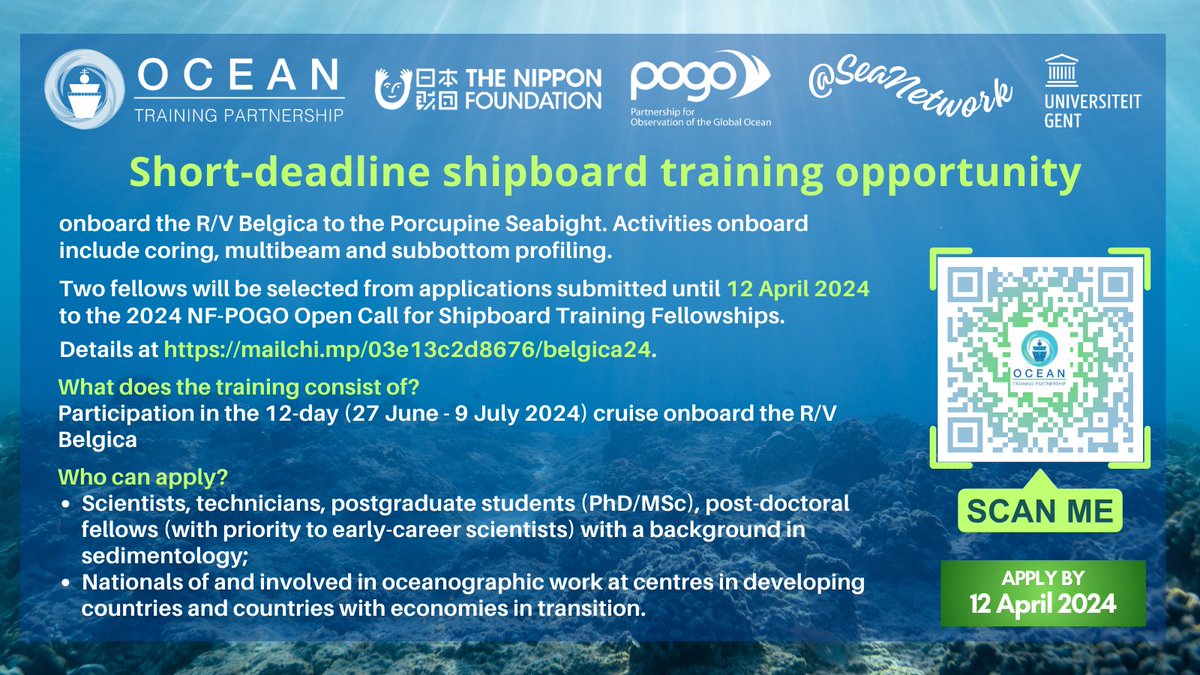 #OceanOpportunities last days to apply to the @NipponZaidan @POGO_Ocean @ocean_training #SeaNetwork @GeologyUGent Shipboard Training fellowship mailchi.mp/03e13c2d8676/b…