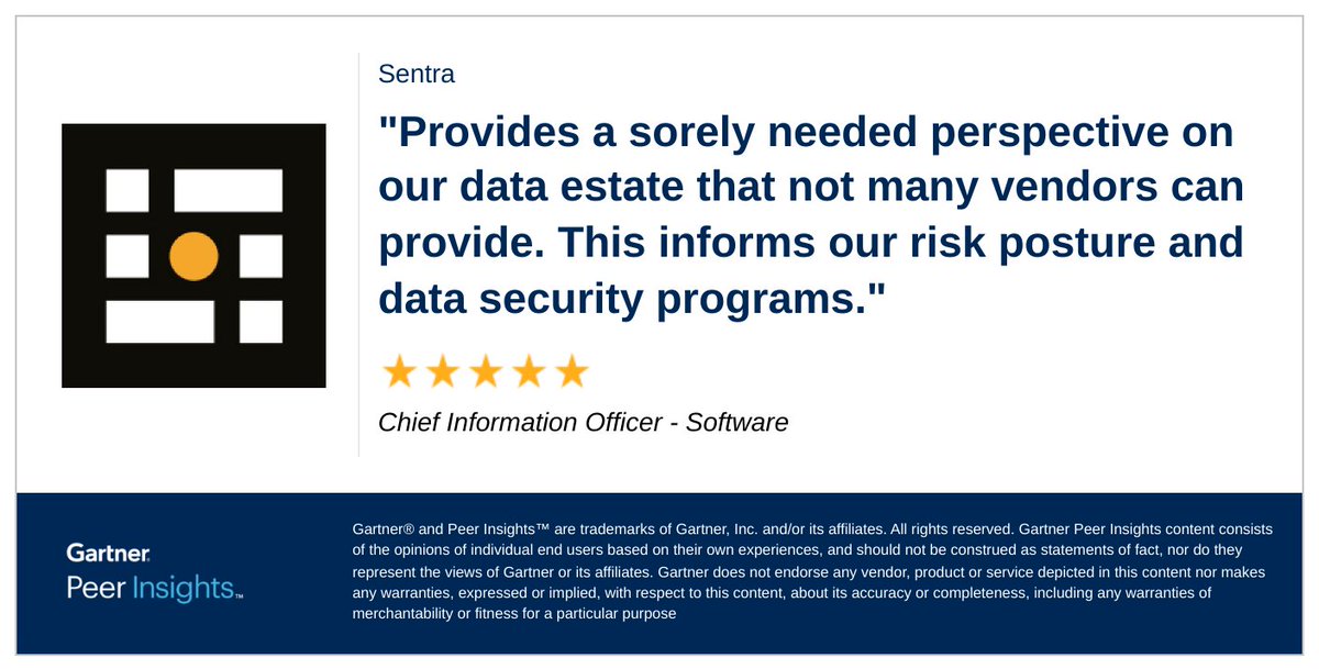 Chief Information Officer in the Software Industry gives Sentra 5/5 Rating in Gartner Peer Insights™ Data Security Posture Management (DSPM) Market.

Read the full review here👇
gtnr.io/Hmu8LyUPw 

⭐️⭐️⭐️⭐️⭐️

#gartnerpeerinsights #datasecurity #dspm #CyberSecurity