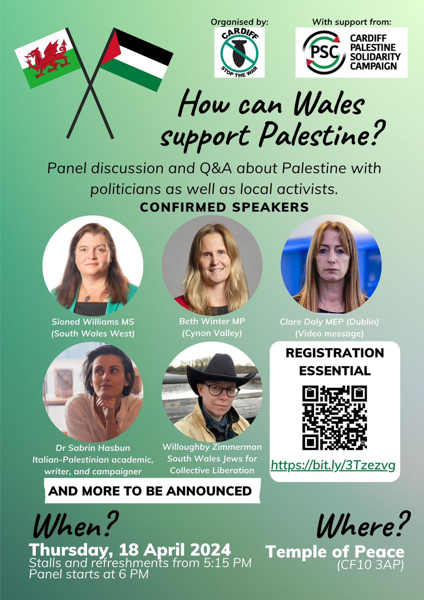 🏴󠁧󠁢󠁷󠁬󠁳󠁿🇵🇸 How can Wales support Palestine? 💬 I will be joining a panel discussion organised by @CardiffStW next Thursday to discuss the urgent and immediate need for a ceasefire & the longer-term steps towards liberation and peace. Scan the QR code go to bit.ly/3Tzezvg