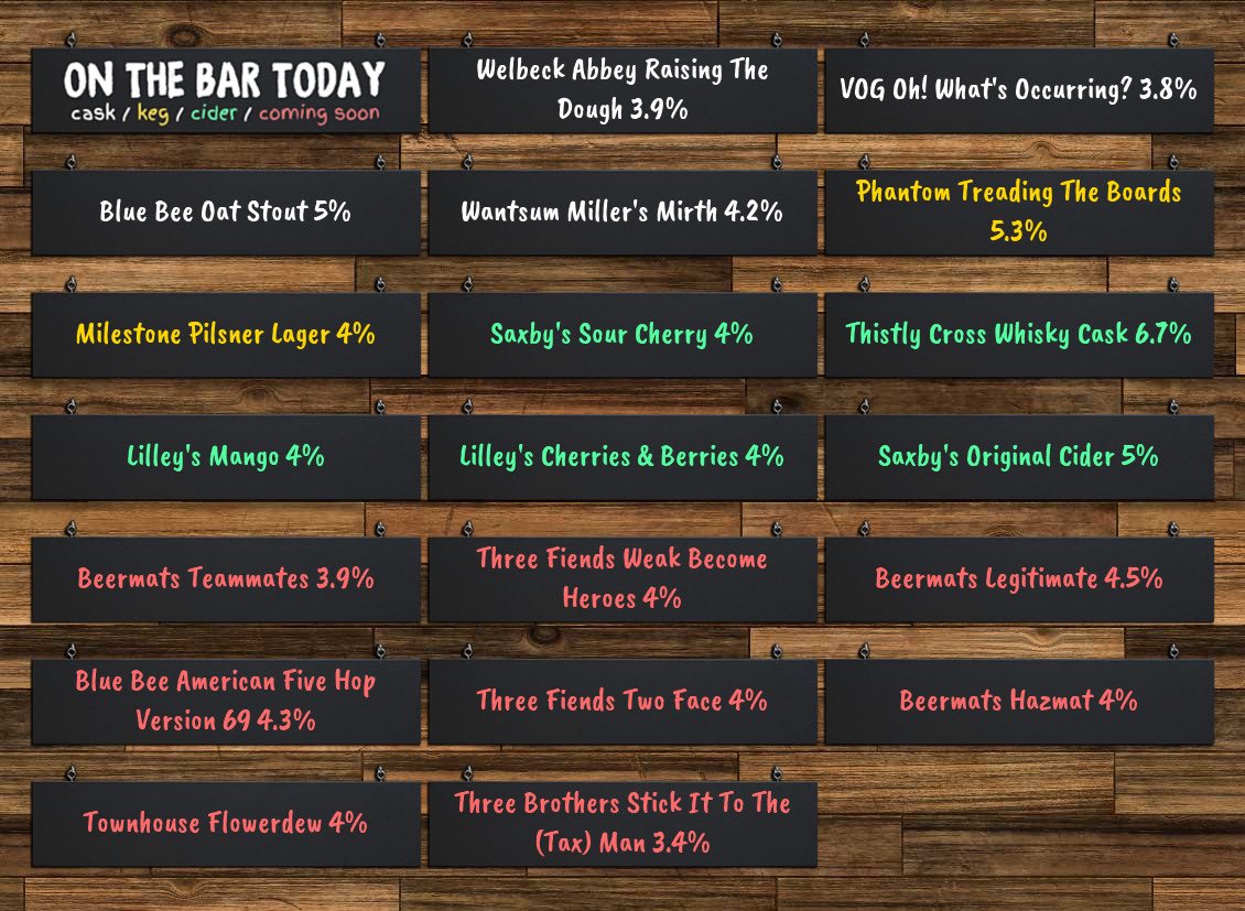 Beer Under The Clock (@beer_under) on Twitter photo Getting ready for Tuesday Club, from 4:30pm
Beer Board: bit.ly/3n1eNM2
<a href="/WelbeckAbbeyBry/">Welbeck Abbey Brewery</a> <a href="/vogbrewery/">VOG Brewery</a> <a href="/BlueBeeBrewery/">Blue Bee Brewery</a> <a href="/WantsumBrewery1/">w</a> <a href="/PhantomBrewCo/">Phantom Brewing Co</a> <a href="/MilestoneBrewi1/">Milestone Brewing</a> <a href="/saxbyscider/">Saxby's Cider</a> <a href="/ThistlyCross/">Thistly Cross Cider</a> <a href="/lilleyscider/">Lilley's Cider</a>
#RealAleFinder Getting ready for Tuesday Club, from 4:30pm
Beer Board: bit.ly/3n1eNM2
<a href="/WelbeckAbbeyBry/">Welbeck Abbey Brewery</a> <a href="/vogbrewery/">VOG Brewery</a> <a href="/BlueBeeBrewery/">Blue Bee Brewery</a> <a href="/WantsumBrewery1/">w</a> <a href="/PhantomBrewCo/">Phantom Brewing Co</a> <a href="/MilestoneBrewi1/">Milestone Brewing</a> <a href="/saxbyscider/">Saxby's Cider</a> <a href="/ThistlyCross/">Thistly Cross Cider</a> <a href="/lilleyscider/">Lilley's Cider</a>
#RealAleFinder