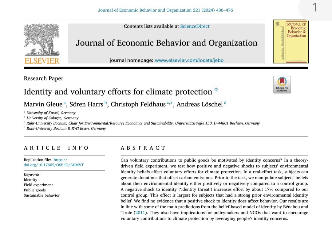 🚨 New Paper: 'Identity and Voluntary Efforts for Climate Protection' published in the Journal of Economic Behavior and Organization (JEPO). 🧐Can voluntary contributions to public goods be motivated by identity concerns? 👉authors.elsevier.com/sd/article/S01…