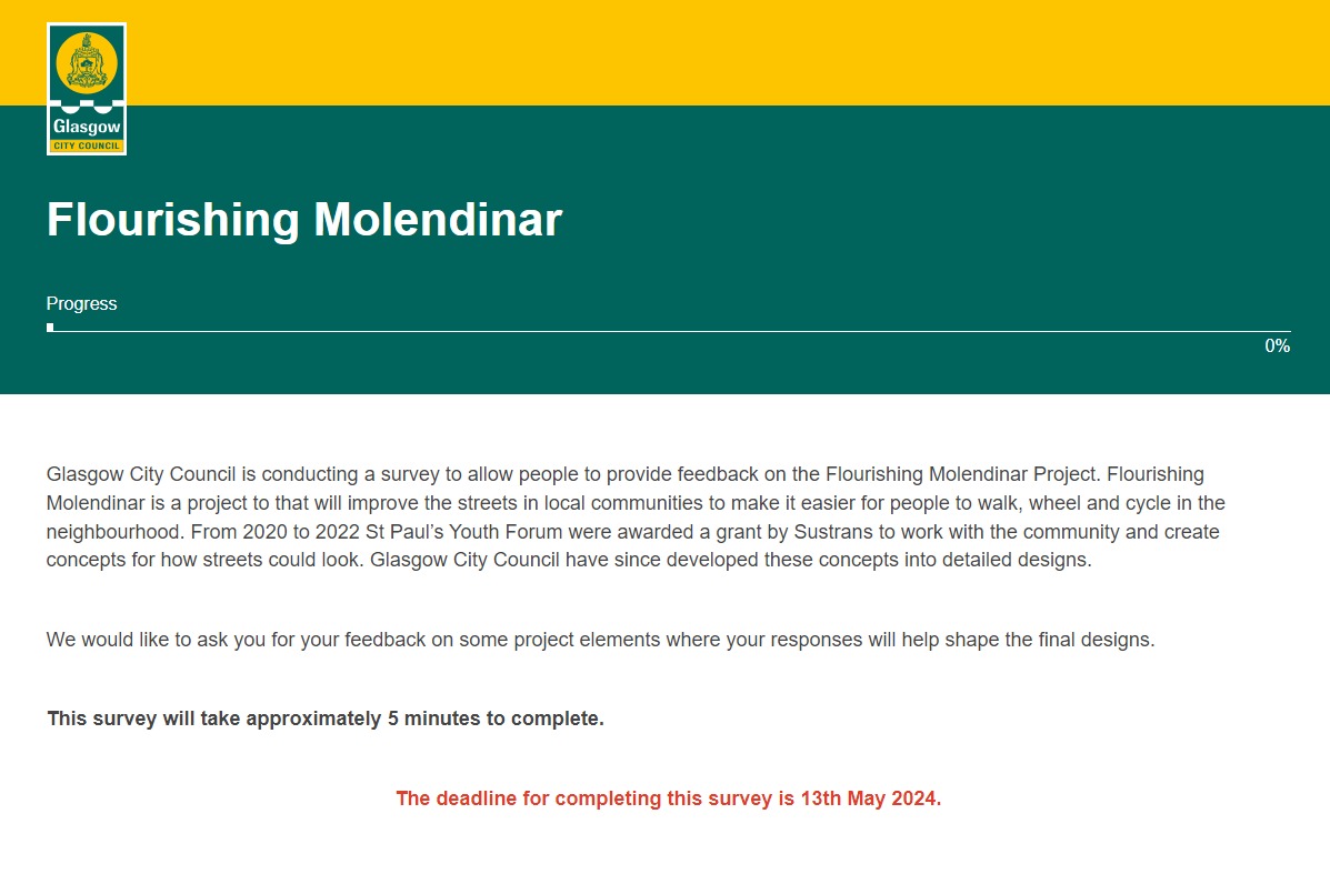 Missed your chance to provide feedback about Flourishing Molendinar in-person? No problem at all! There's a survey for that! :) 📝 smartsurvey.co.uk/s/FlourishingM… #glasgow #activetravel