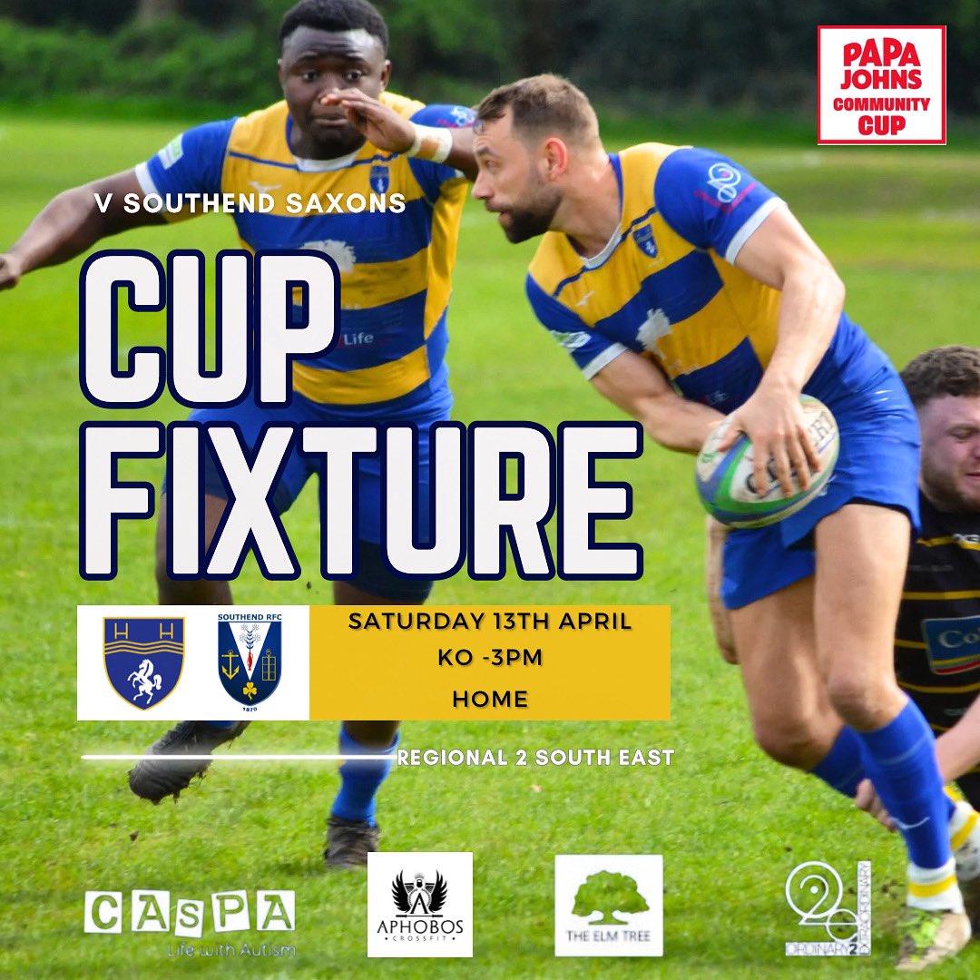 Saturday 13th April Papa Johns Cup Run 🏆 1️⃣XV v @SouthendSaxons ⏰ 3pm KO 🏟️ Home- Balmoral Ave 🔵 Round One 🍻🌯 Kitchen and bar from 1pm #blueandgold