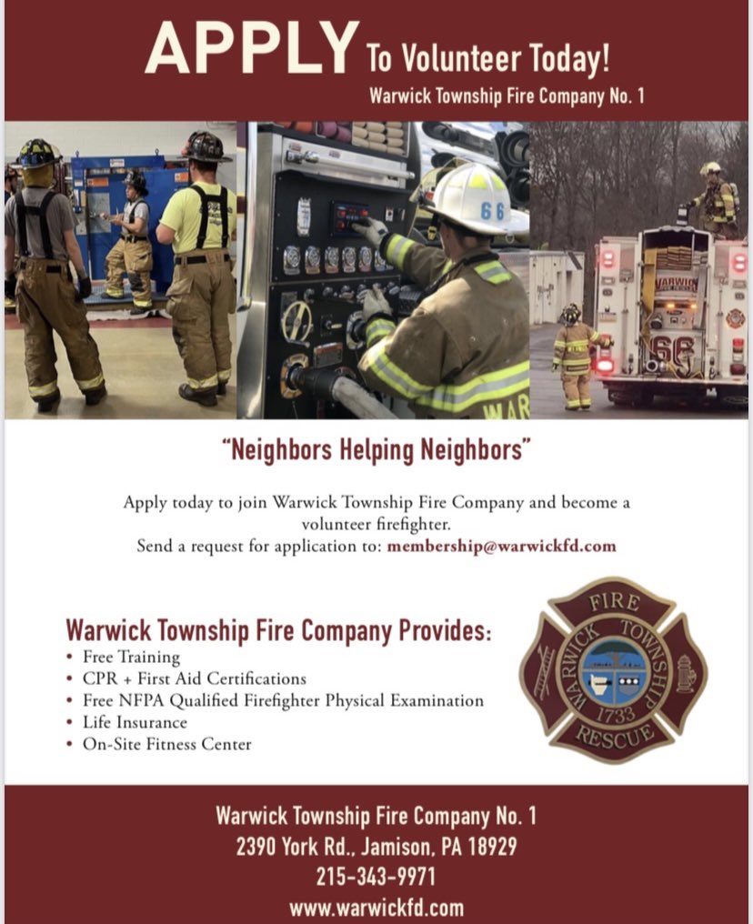 Apply today to join Warwick Township Fire Company. Stop by the firehouse on any Tuesday evening (7 pm) or call 215-343-9971 for membership information.
#Volunteers #FirstResponders #WarwickBucks #WarwickTownshipFireCompanyNo1