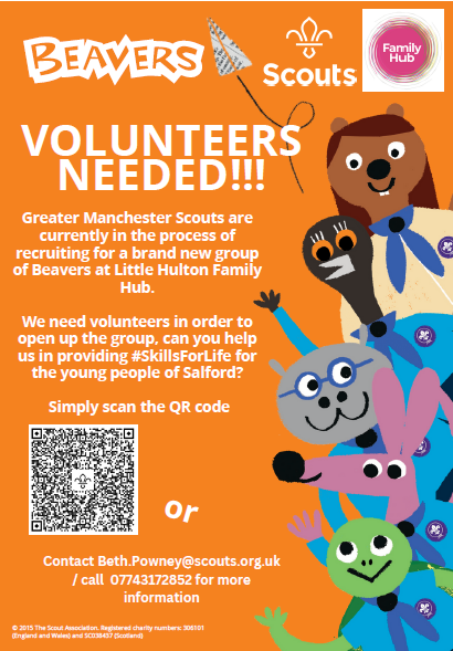 Want to volunteer? Heres an opportunity in Little Hulton to Join Scouting at the Family Hub. If you are interested get in touch with them for more info. #Scouts #Scouting #Beavers