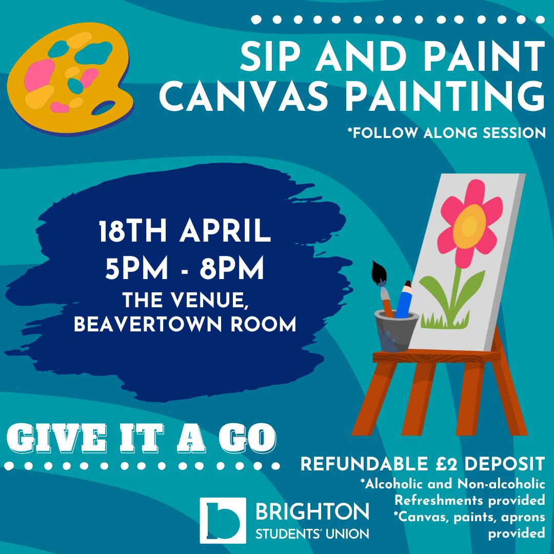 Looking for a fun and exciting activity to start the new term? 👀 Then join us for a FREE Sip and Paint Canvas Painting session! 🧑‍🎨 📆 Thursday, 18th April ⏰ 5pm-8pm 📍The Venue Book you FREE place at brightonsu.com/ents/event/753… or LINK IN BIO 🔗