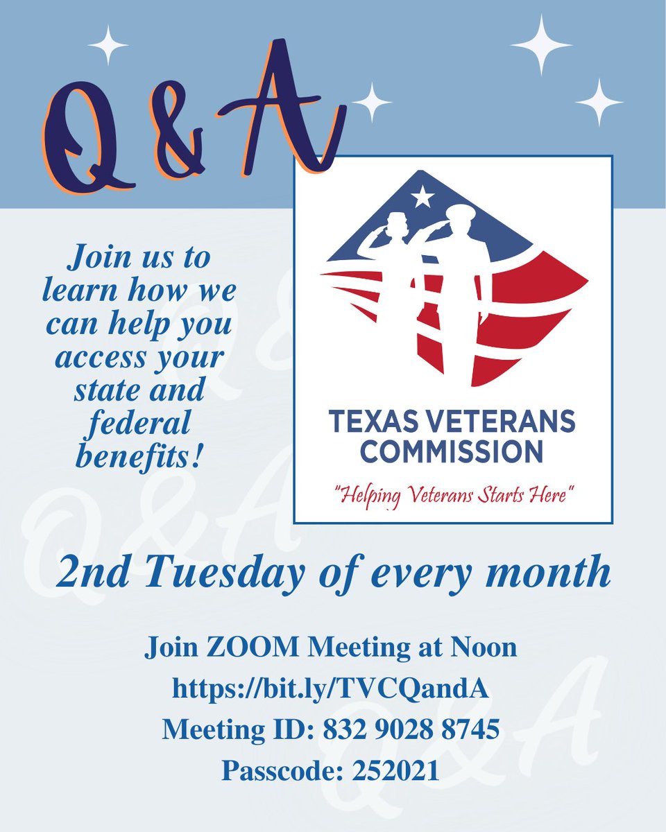 Today's the day for TVC Q&A. New Time! - Noon. New Link - bit.ly/TVCQandA Bring questions about benefits & services. TVC helps #TexasVeterans: Navigate VA Claims and Healthcare With Education Benefits Find Employment Start a Business Connect with Other Veterans