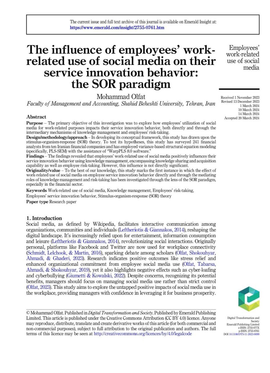 Mohammad_Olfa1's tweet image. #ExtremelyHappy! 🥳My 10th journal article is now online in "Digital Transformation and Society" published by @EmeraldGlobal. 

The article is #OpenAccess and available at: emerald.com/insight/conten…

I hope you will enjoy reading it.🙌

I will be happy if your #repost the link!🌹