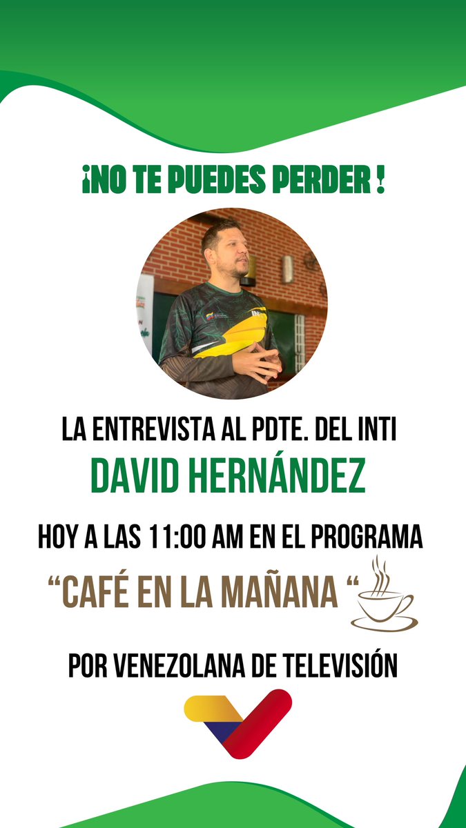 Atención amig@ product@r, no te puedes perder el programa @cafeenlamanana transmitido por @VTVcanal8 donde estará como invitado nuestro Pdte. del Instituto @davidjhg, quien dará información en materia agrícola. #EstaTierraEsNuestroFuturo