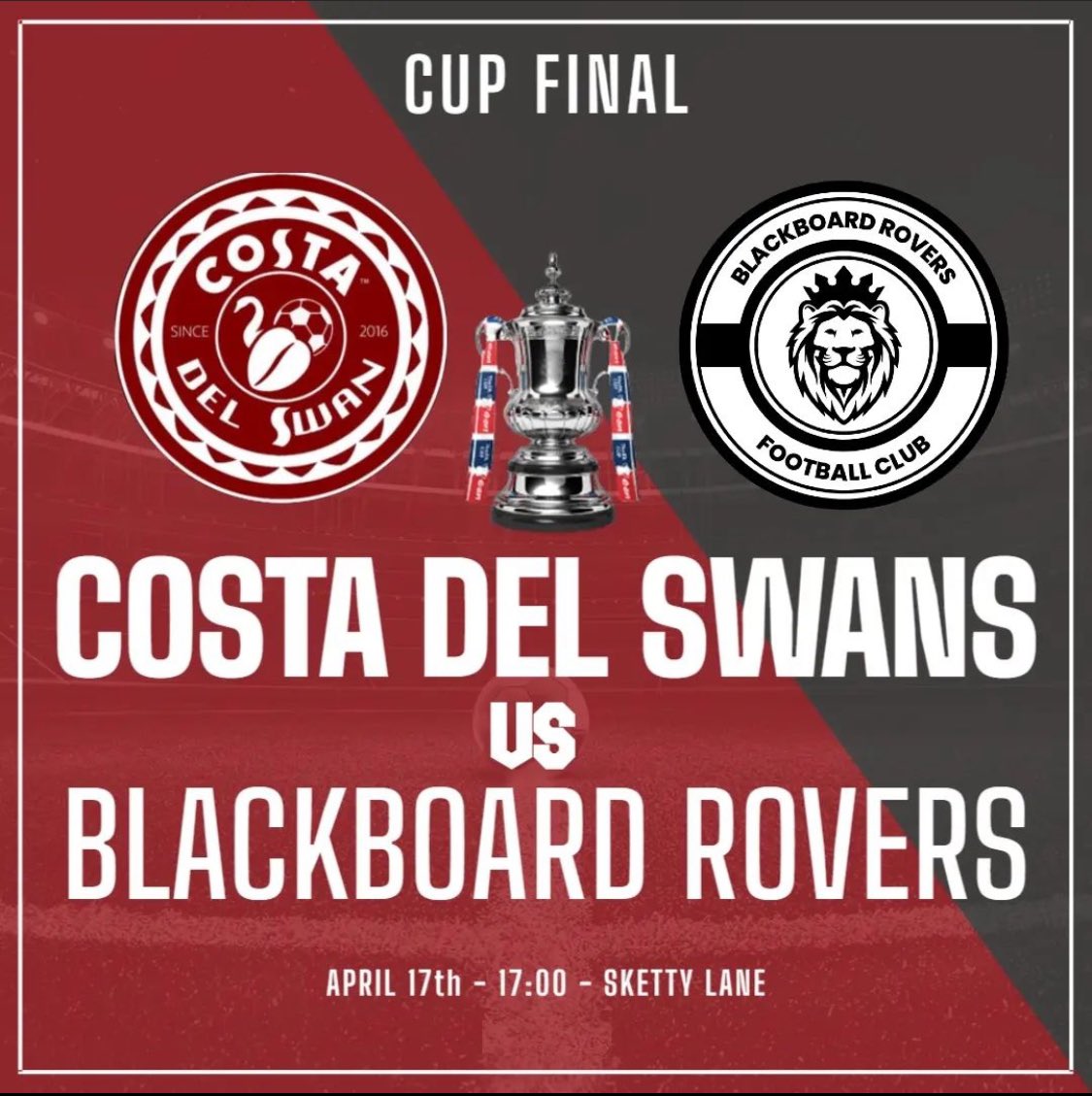🔴☕️

CUP FINAL:

The details of our cup final have been confirmed and are as listed below. 

The boys take on Blackboard Rovers in what should be a great game. All support is welcomed and much appreciated for the boys down singleton first team pitch.

#UPTHELATTÉS
#COSTASZN