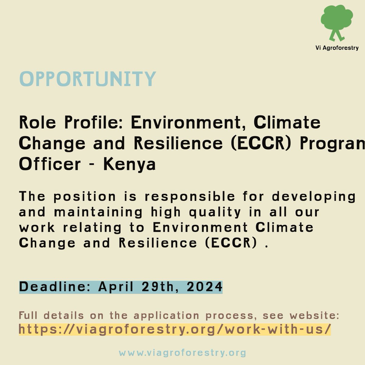 🌍🌱 Job Opportunity 🌱🌍 Role: ECCR Program Officer Org: Vi Agroforestry, Kenya Duration: 2 years Start Date: ASAP Full application details on: viagroforestry.org/work-with-us/ #JobOpportunity #ClimateChange #Agroforestry #Kenya #ViAgroforestry