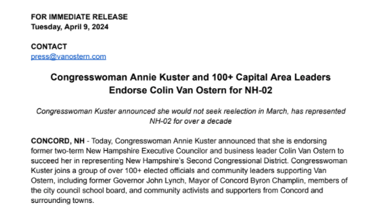 #NH02: Rep. Annie Kuster (D) endorses Colin Van Ostern to be her replacement