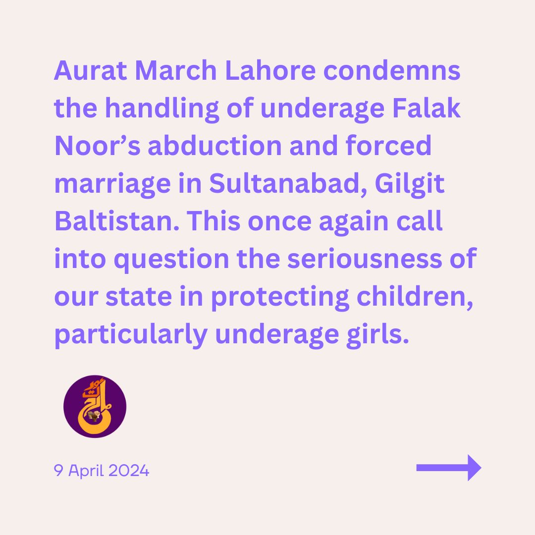 AuratMarch's tweet photo. Aurat March Lahore condemns the handling of Falak Noorโs abduction and forced marriage in Sultanabad, Gilgit Baltistan.
1/3
#StopEarlyMarriages https://t.co/ngTdZtRs4D