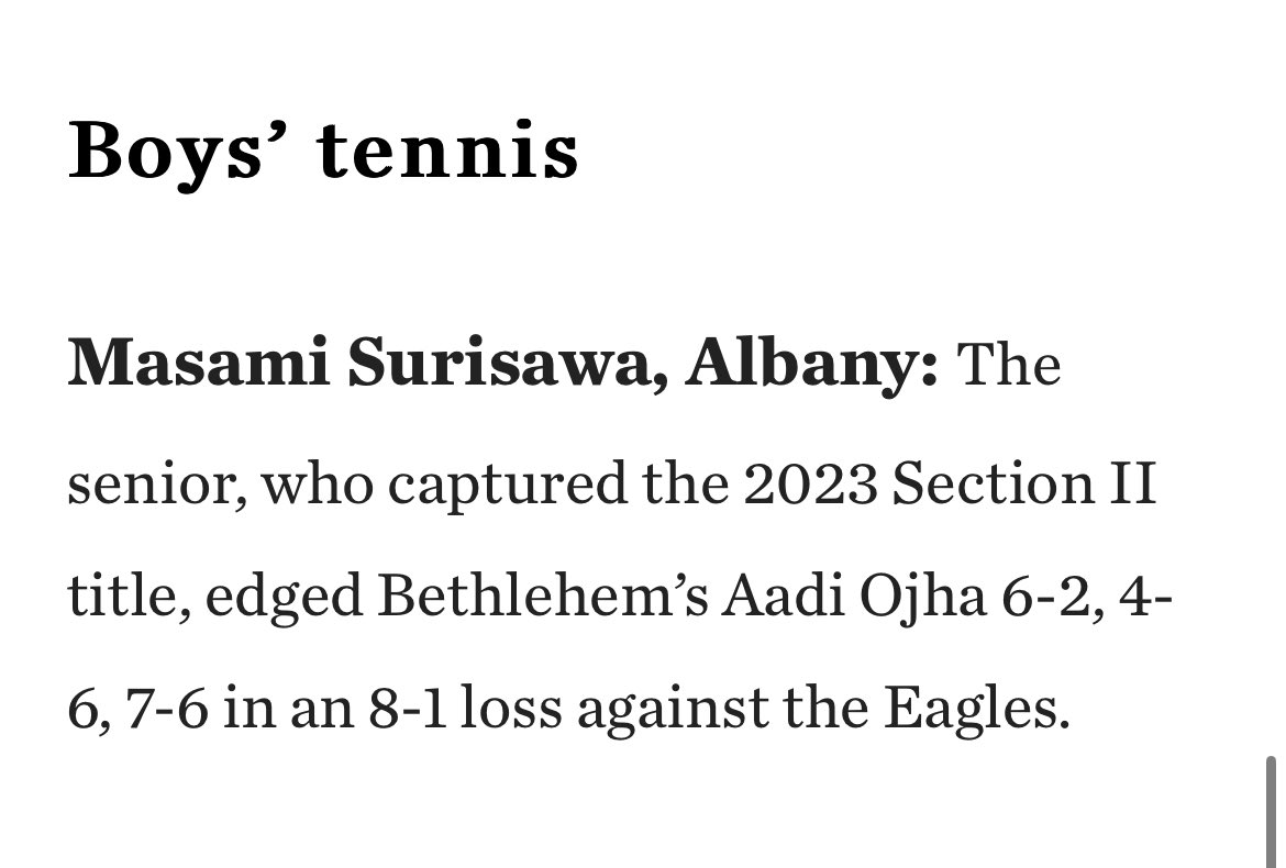 Best of the week in Section II for April 1-7, <a href="/AHSFalconsNest/">Albany Falcons</a>’s Masami Surisawa, <a href="/albanyschools/">City School District of Albany</a> 🎾 via <a href="/timesunion/">Times Union</a> 
timesunion.com/hssports/artic…