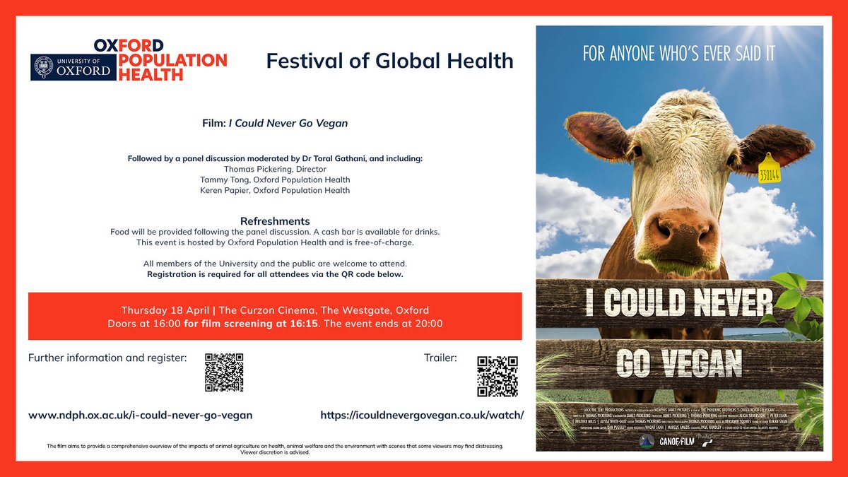 📣New speakers announced! 🎥Join us next week for an exclusive screening of ‘I Could Never Go Vegan’, followed by a panel discussion led by Dr Toral Gathani. The speakers include Dr Tammy Tong, Dr Keren Papier, and the film’s Director Thomas Pickering. This event is free and