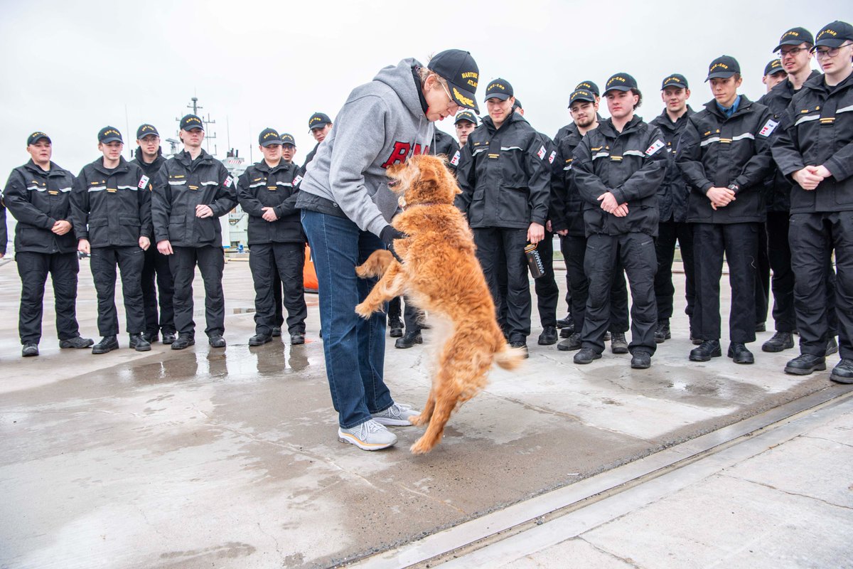 2nd-Year cadets from Royal Military College visited #HMCDockyard Halifax for a familiarization tour of @RoyalCanNavy ships and @CFBHalifax. They were greeted by a familiar face, Charlie, RAdm Kurtz's dog, who was a resident at RMC campus, during Kurtz's time as the Commandant.