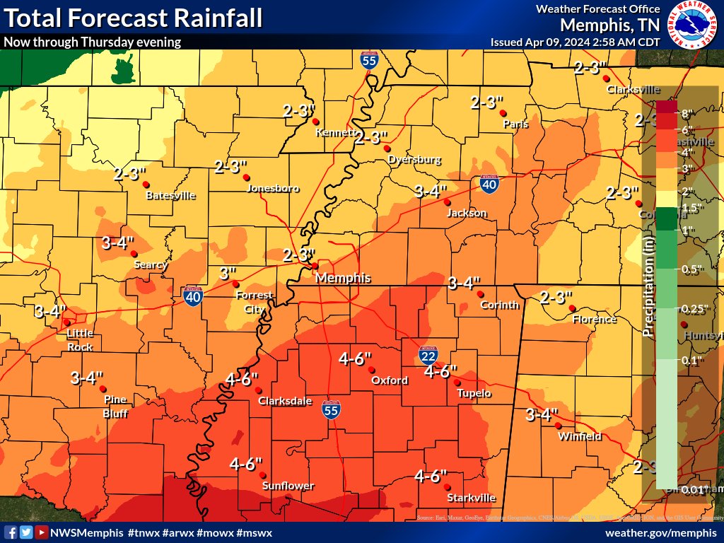 NWSMemphis's tweet photo. A Flood Watch remains in effect for heavy rainfall over the next several days. Expect 4-6 inches of rain through Thursday in the Watch area. Multiple rounds of severe weather will also be possible: one later this evening and another tomorrow. Stay #WeatherAware and informed ⚠️⛈️ https://t.co/LmGH1x2Ve1