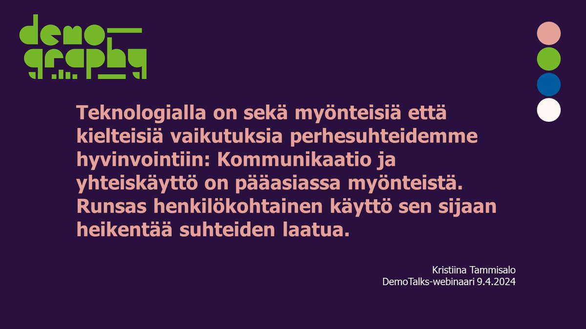 Teknologialla on sekä myönteisiä että kielteisiä vaikutuksia perhesuhteidemme hyvinvointiin, esittää erikoistutkija Kristiina Tammisalo <a href="/NetResilience/">NetResilience</a>-hankkeesta.

#DEMOTalks <a href="/Akatemia_STN/">Strateginen tutkimus</a>