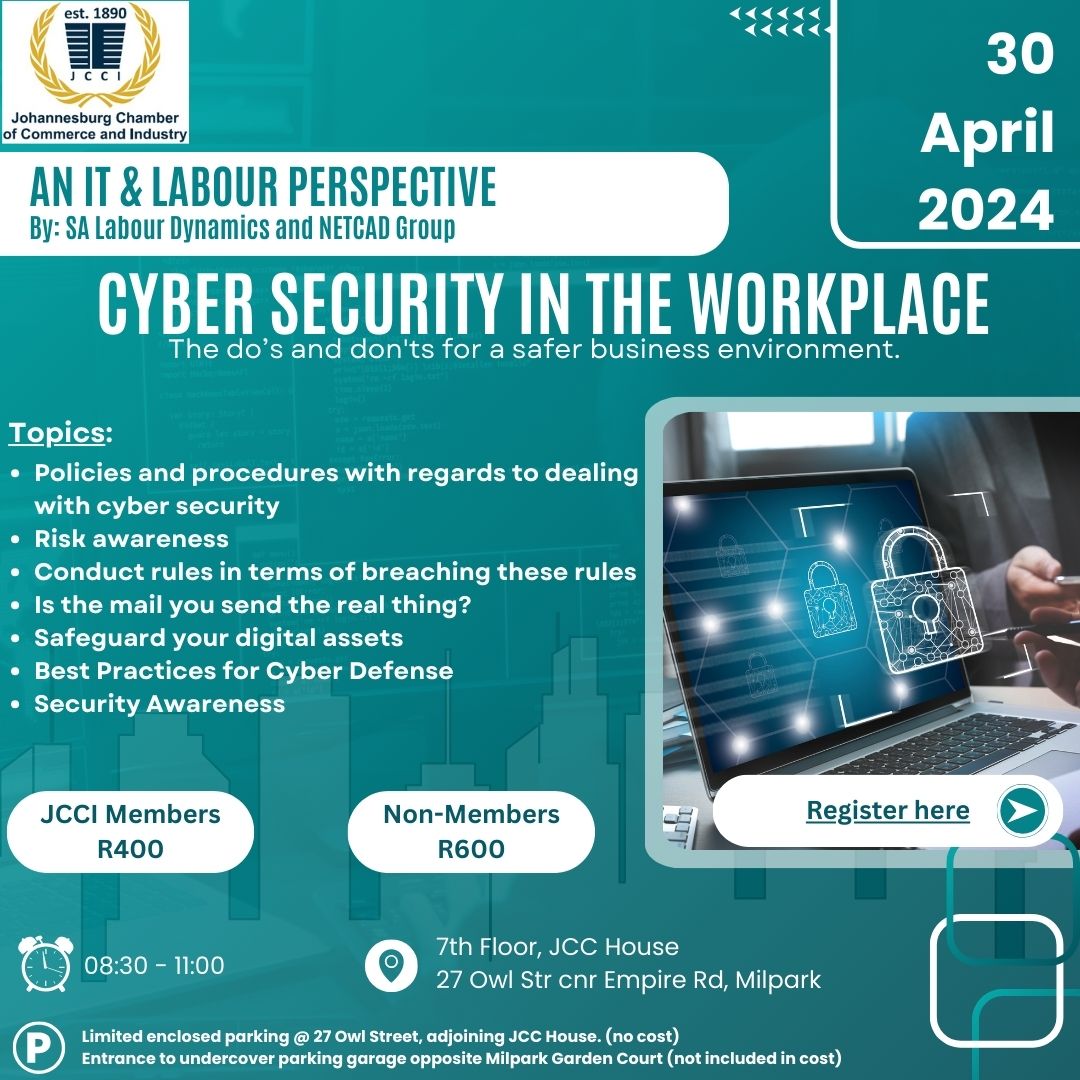 Cyber security in the work place: An IT and Labour perspective
Join us for this informative discussion.
Click the below link to register for this event.
forms.gle/v4gGsHvL5pD9Dp…
#SALabour #LabourLaw #Cybersecurity