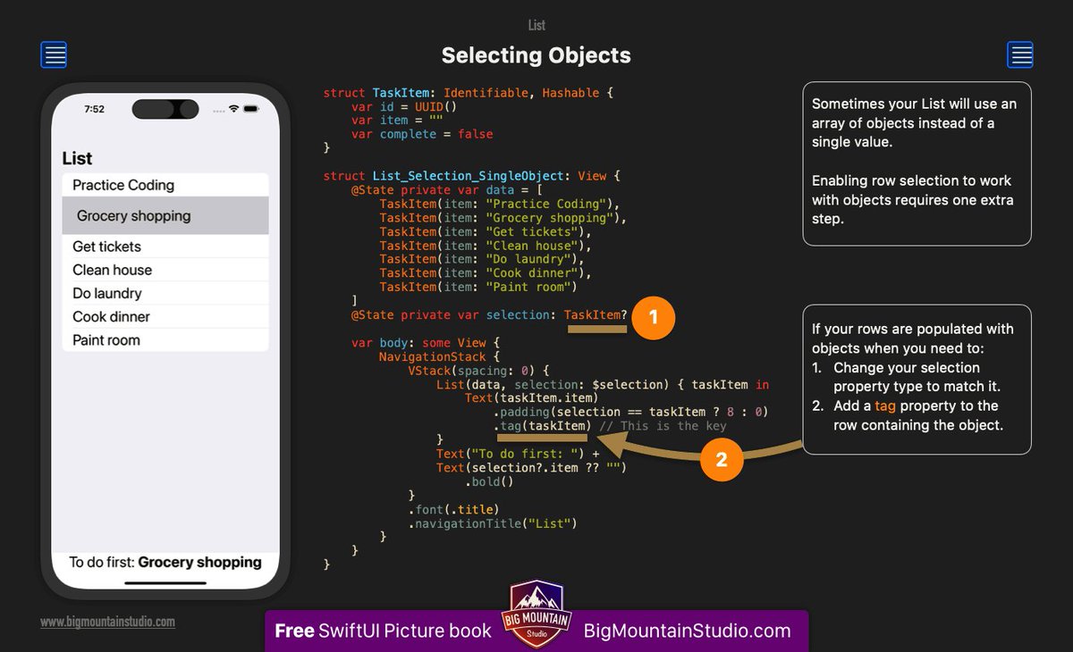 ❓Did you know you enable the #SwiftUI List to select objects (not just values)? 💡There's a trick to it, the key is to use the tag modifier and set the row's value to the object it is using. 📕From SwiftUI Views Mastery picture book. 🤔Have any tips you'd like to share with us?