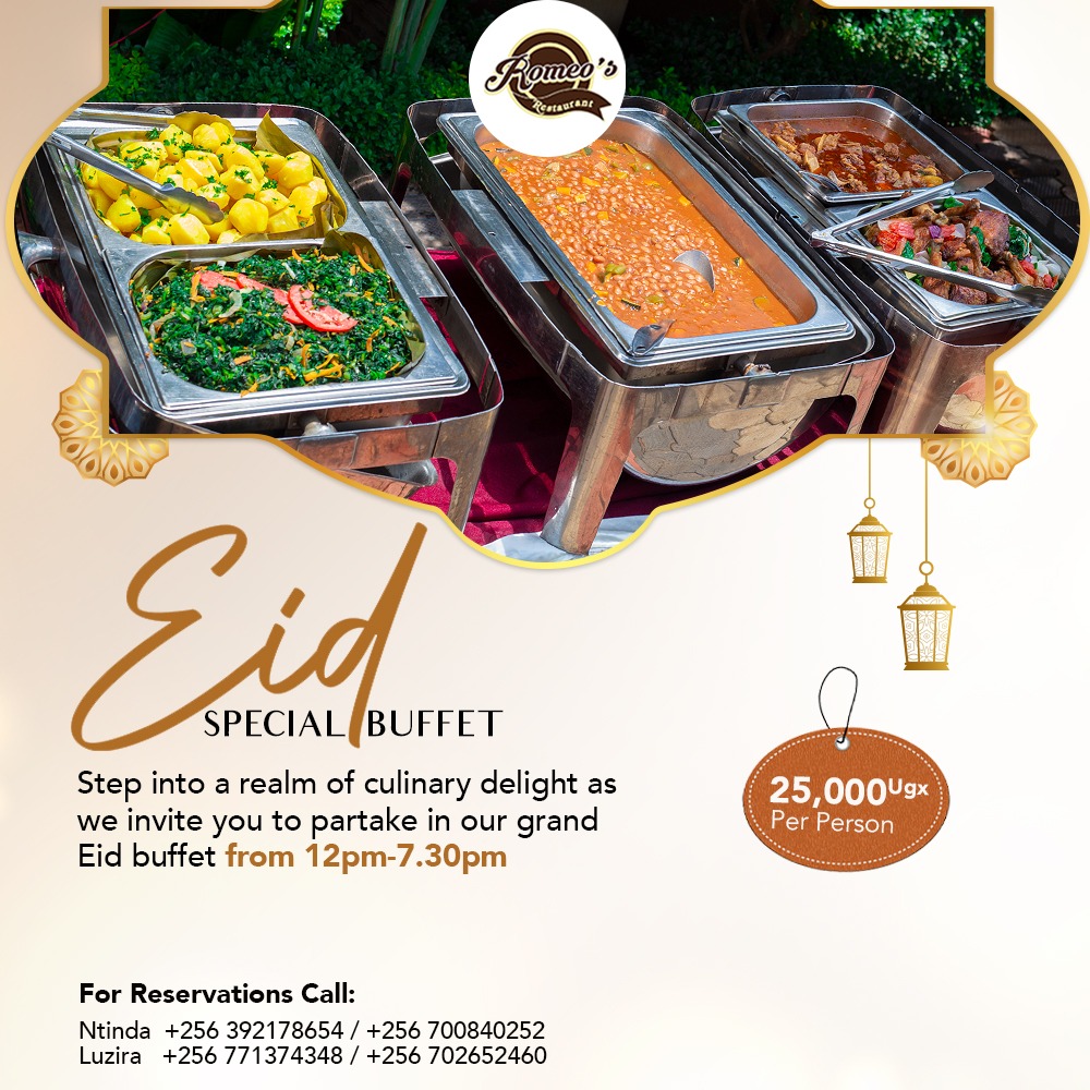 Celebrate with us as we serve up delectable platters and a lavish buffet spread this Eid-Ul-Fitr. Reserve your table now! #EidFeast #Reservation 🥘✨
#Eidulfitr
#RomeosLuzira 0771374348 /0702652460 
RomeosNtinda 0392178654 / 0700840252