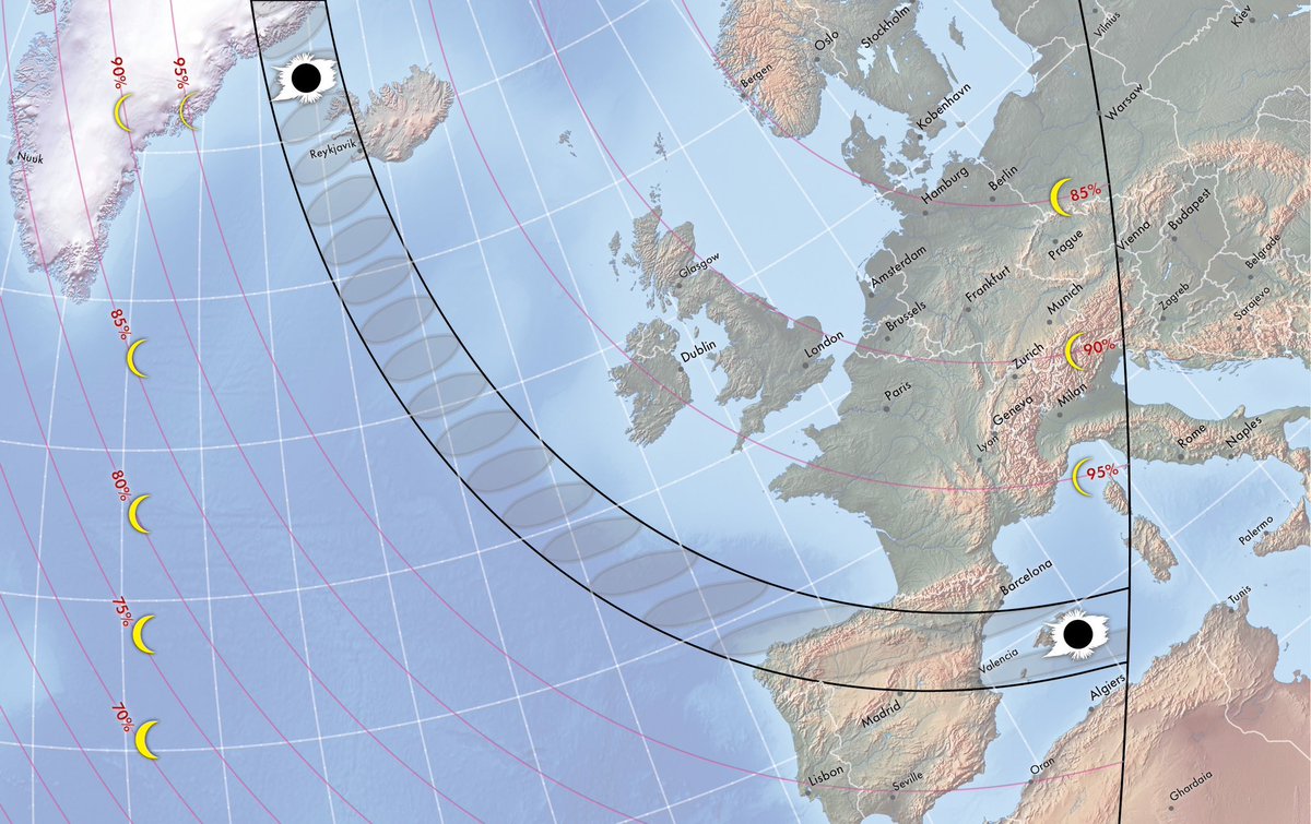 The next European total solar #eclipse will be on 12th August 2026. Totality will pass through Iceland and Spain, but even the UK has 90-95% coverage. (Map by greatamericaneclipse, Facebook) timeanddate.com/eclipse/solar/…