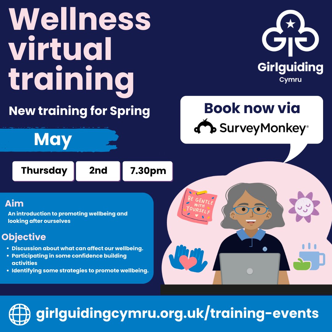 📷 Wellness virtual training for volunteers. Girlguiding Cymru is all about empowering girls and young women to reach their full potential. But what about the incredible volunteers who make it all happen? Your wellbeing matters too! Book your place here: ow.ly/4OgE50Qu6Zq