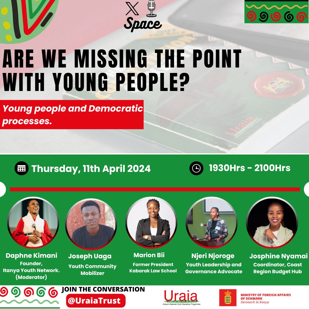 Are we missing the point with young people?
In partnership with @denmarkinkenya we will be hosting a conversation with young people for the young people discussing their involvement in democratic processes.
#uraiatrust
#uraiaciviceducation