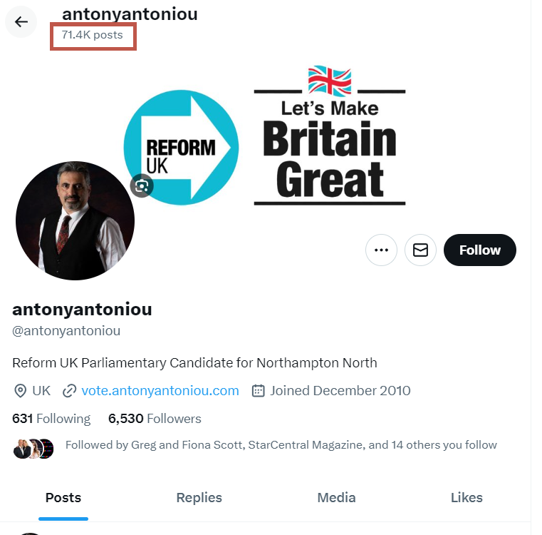 You may have seen Richard Tice telling candidates not to 'Drink and Tweet'. Well @reformparty_uk candidate for Northampton North @antonyantoniou has redacted 71.4k posts. What's he got to hide? Let me tell you, because I took a couple of screenshots...